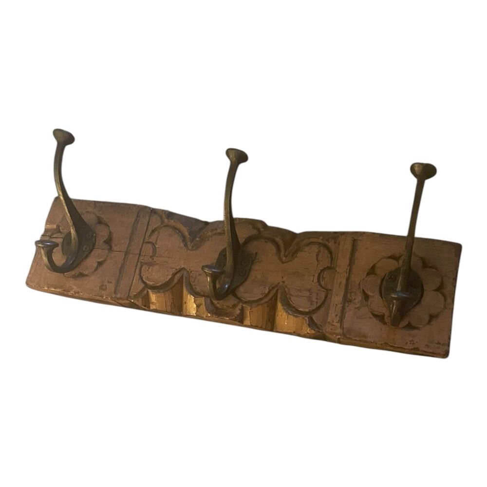 French Architectural Salvage Art Deco Carved Wood/Cast Iron Wall Coat/Hat Rack